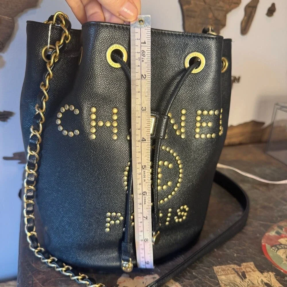 Chanel Paris Black Studded Caviar Leather Bucket Crossbody Bag GHW Authentic CoA